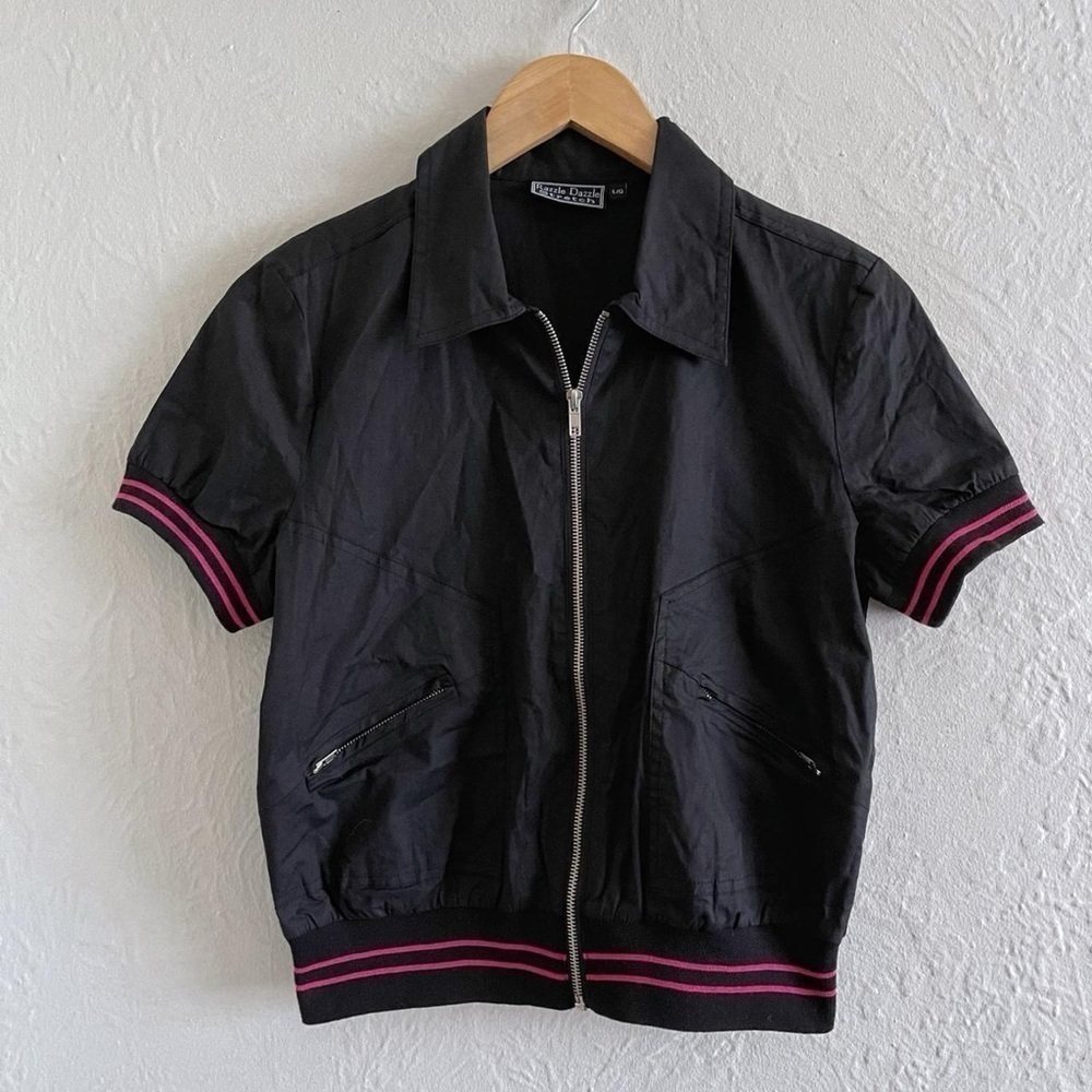 Vintage Y2K Black & Pink Short Sleeve Bomber Track Zipper Jacket Size L